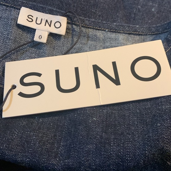 SUNO Slightly Oversized Blue Denim Shirred Bell Sleeve Boxy Blouse size 0 - Picture 10 of 11